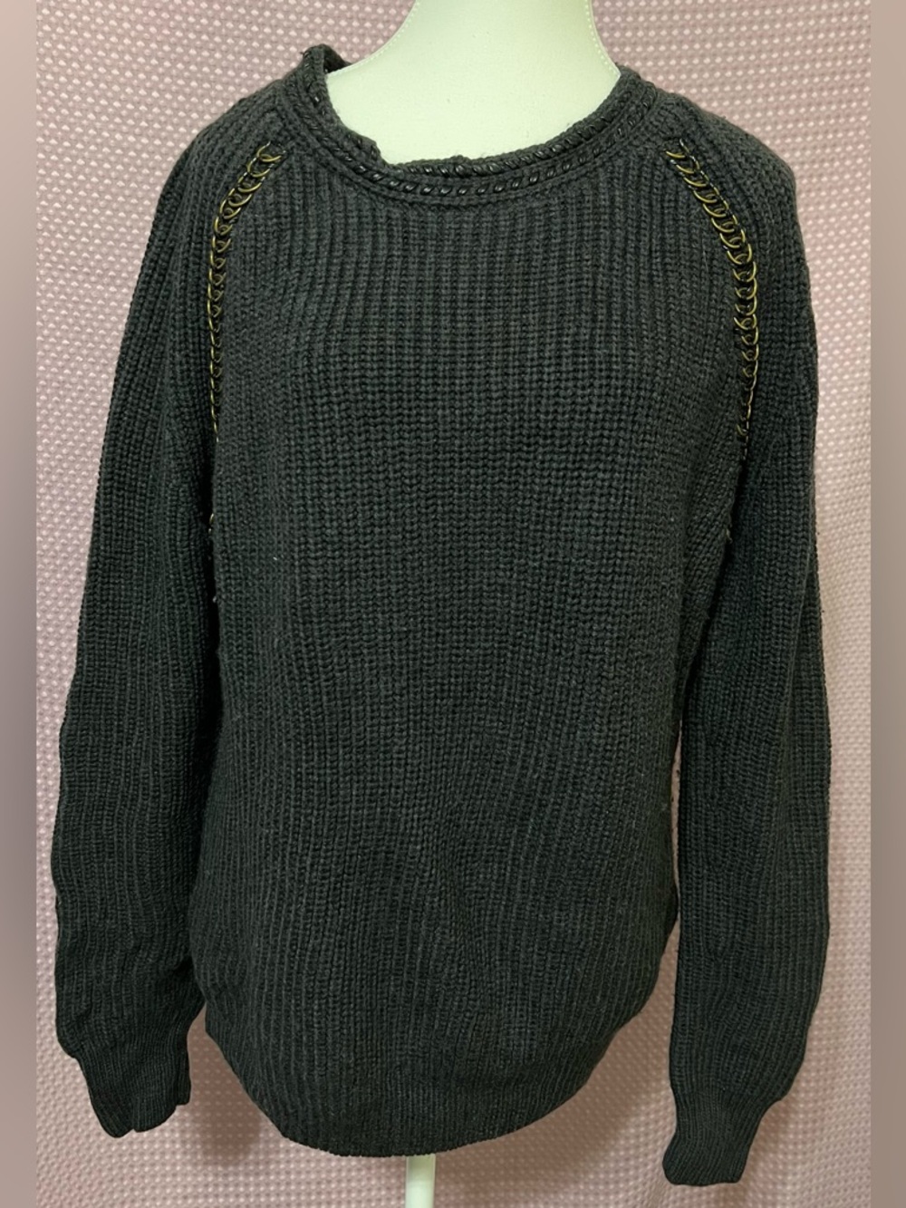 Tory Burch Black Waffle Knit Crew Sweater with Chain Trim
